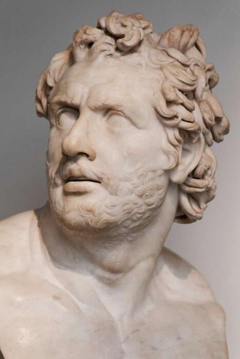 Marble bust of a man looking left, with curly hair and a bearded face. The expression is intense and dynamic, conveying power and determination.
