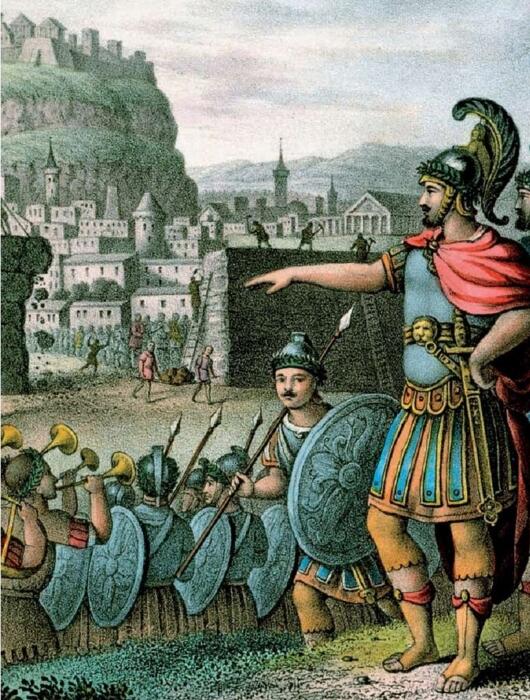 Ancient warrior in ornate armor and crested helmet commands soldiers holding shields and spears near a walled city. Soldiers exude readiness.